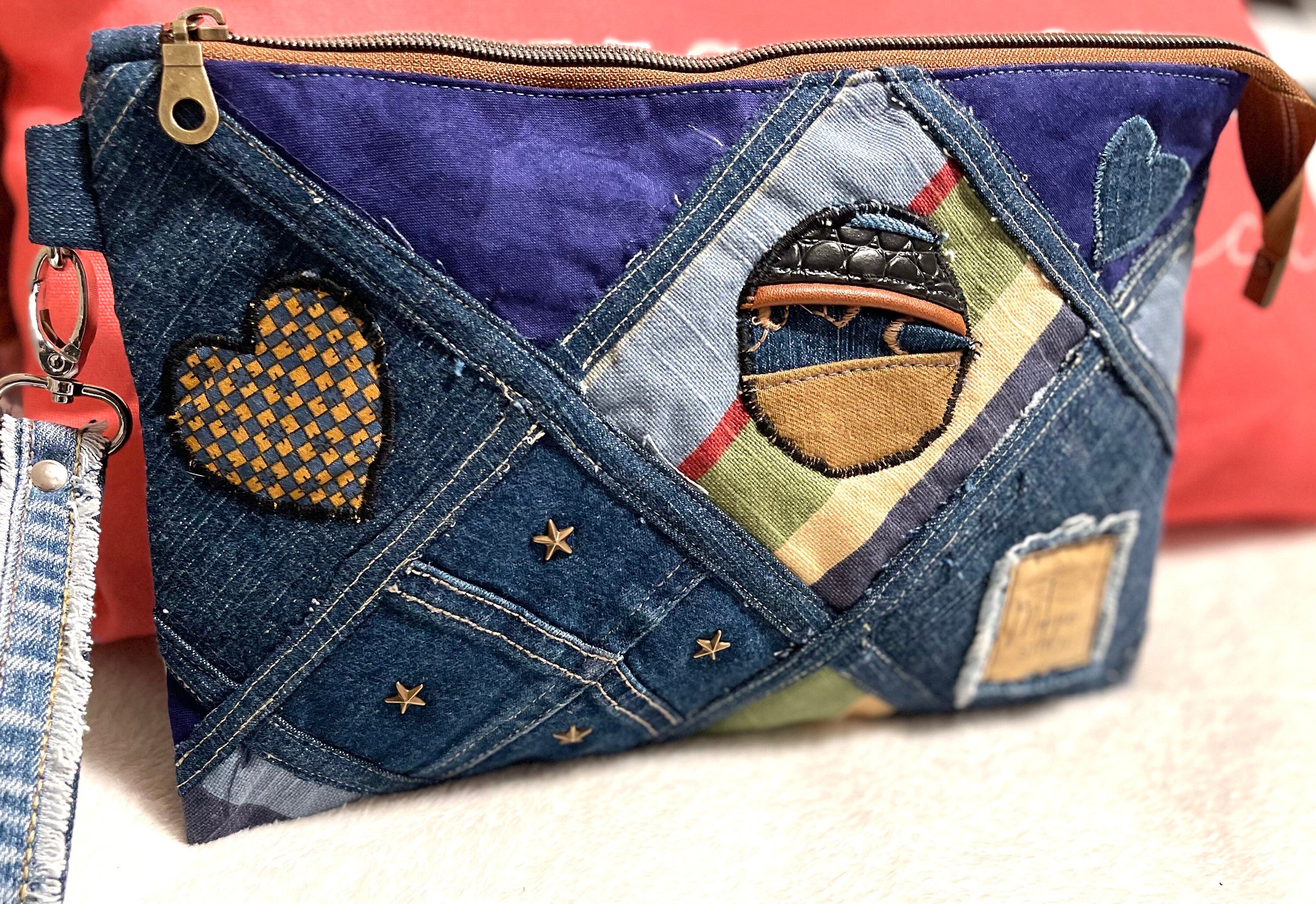 Denim Patchwork Clutch Wristlet: Upcycled Jeans, Boho Chic Bag