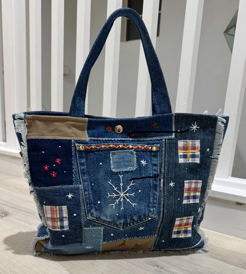 Christmas Nutcracker Embroidered Denim Tote Bag – Handmade Patchwork-one of a kind