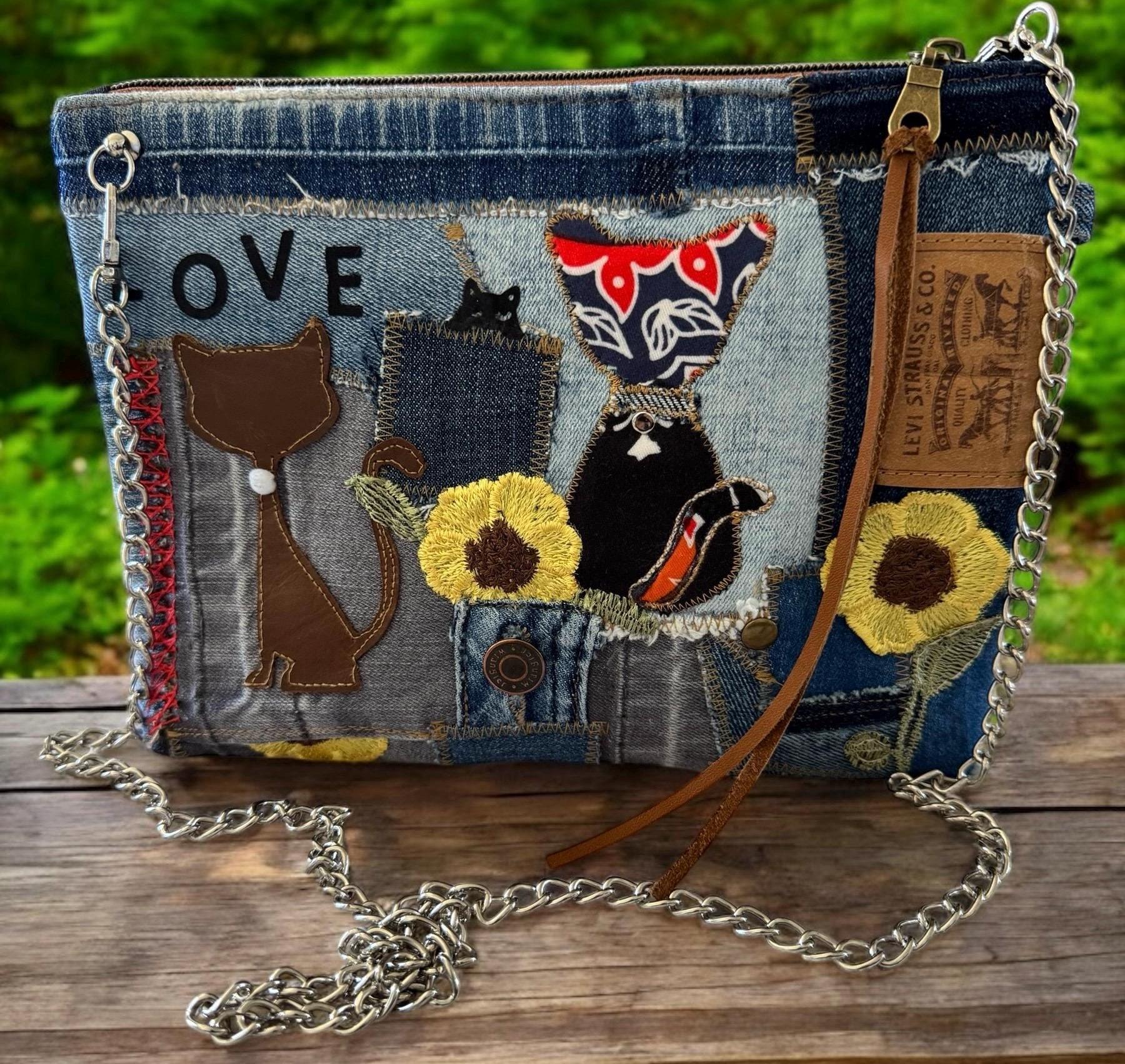 Cat Patchwork Crossbody Clutch Bag – Handmade Upcycled Denim Wristlet with Sunflowers, Appliqué & Chain Strap