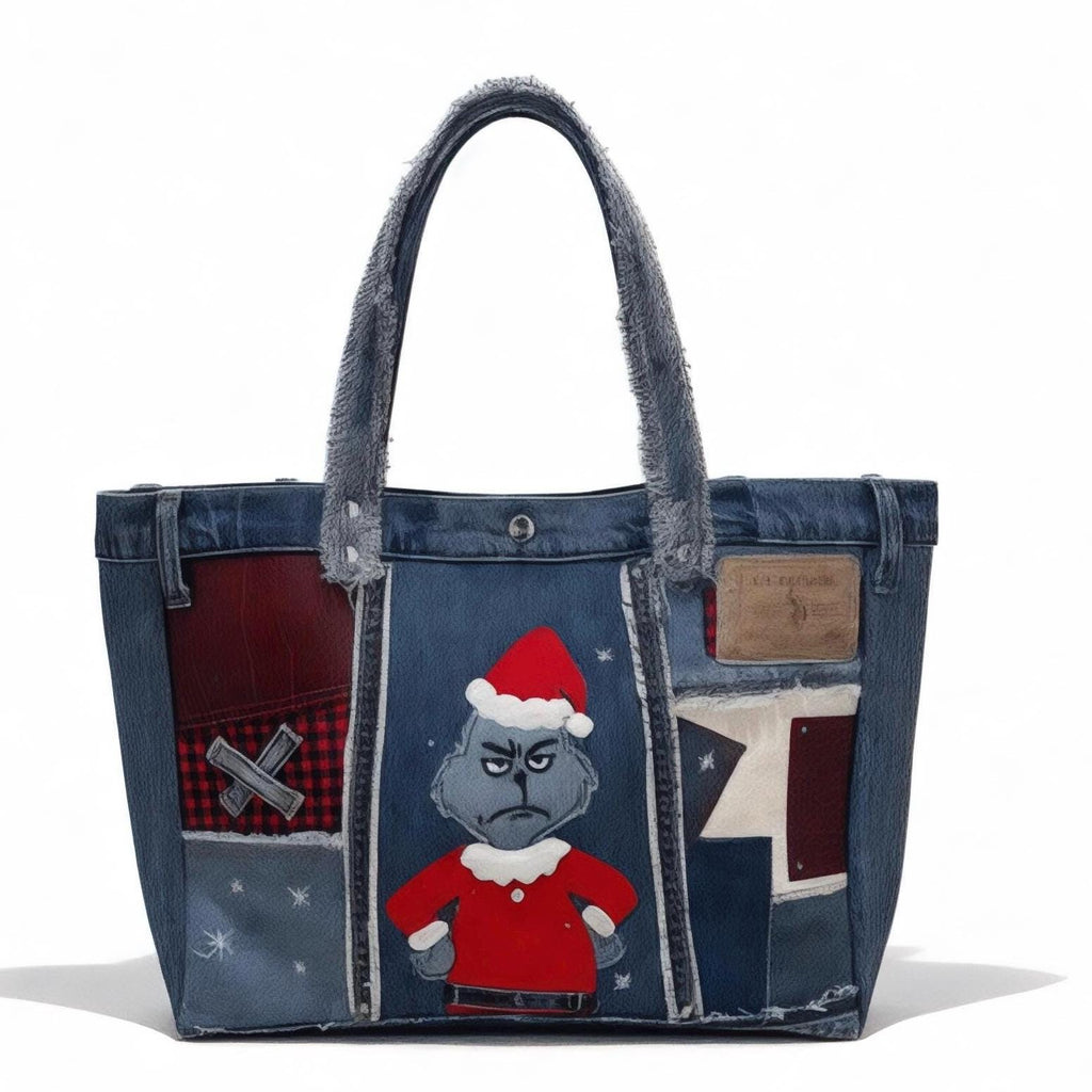 Grinch Christmas Patchwork upcycle Denim Tote Bag – Handmade – One of a Kind
