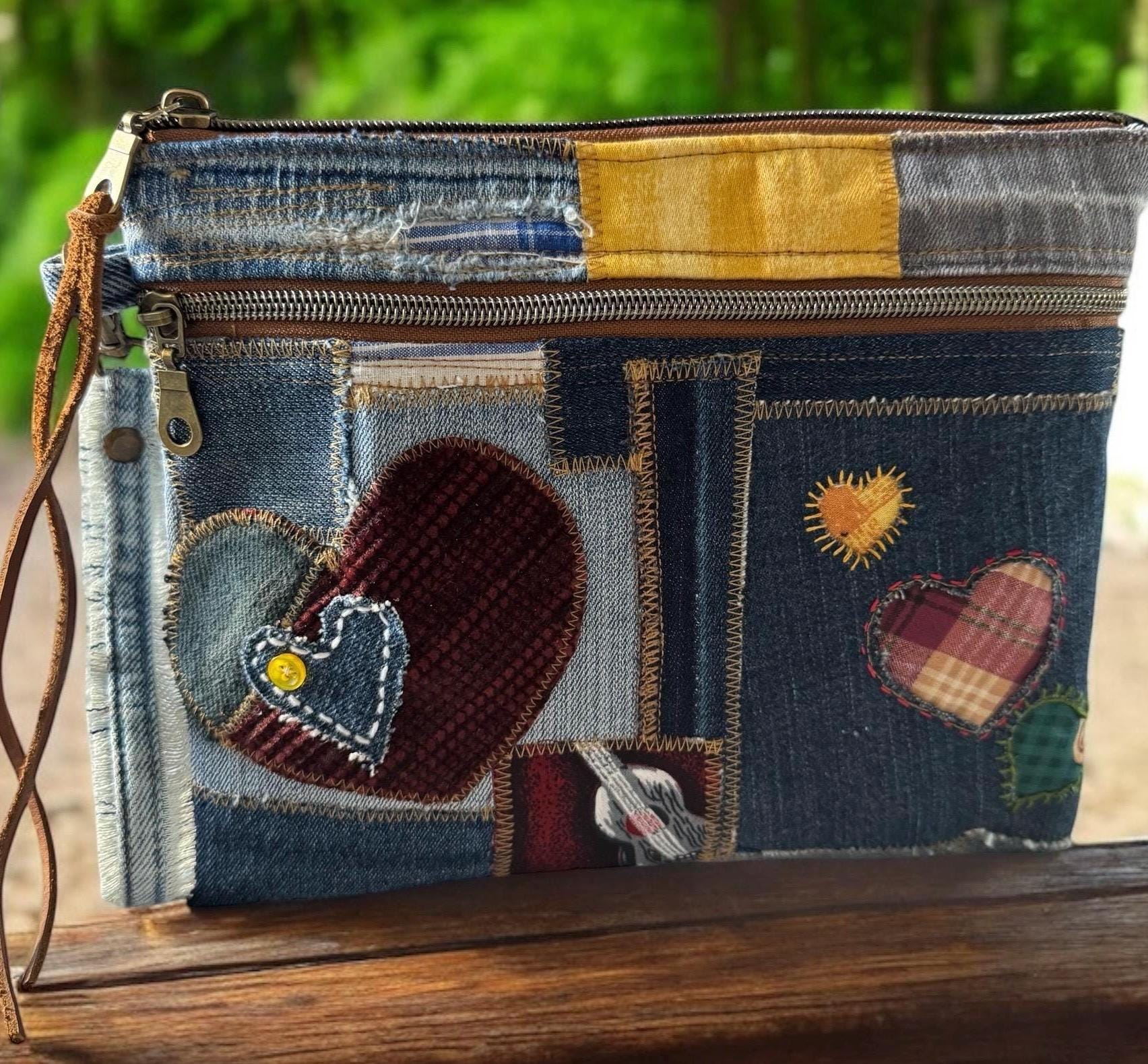 Handmade Denim Crossbody Clutch: Upcycled Patchwork Bag with Heart Appliqués