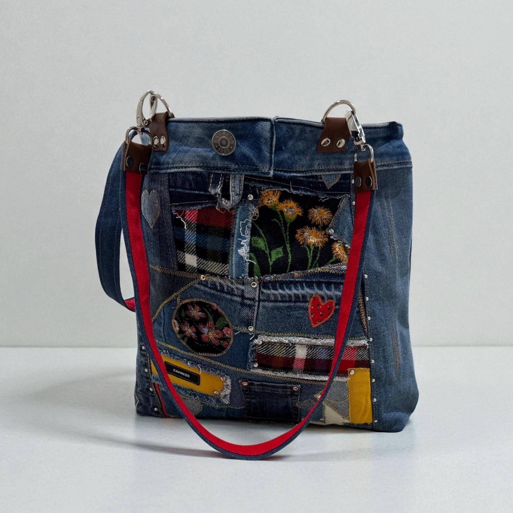 Boho Patchwork Denim Tote Bag-Handmade Upcycled Cotton Jean Purse & Embroidery