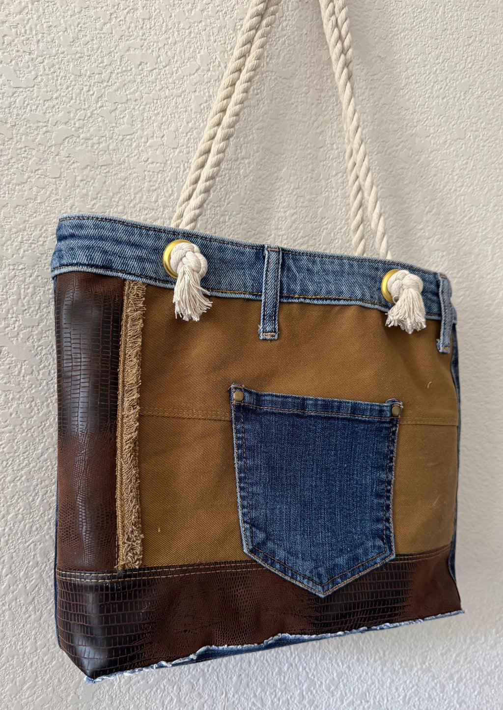 Dog Tapestry Tote Bag: Upcycled Denim & Rope Handles