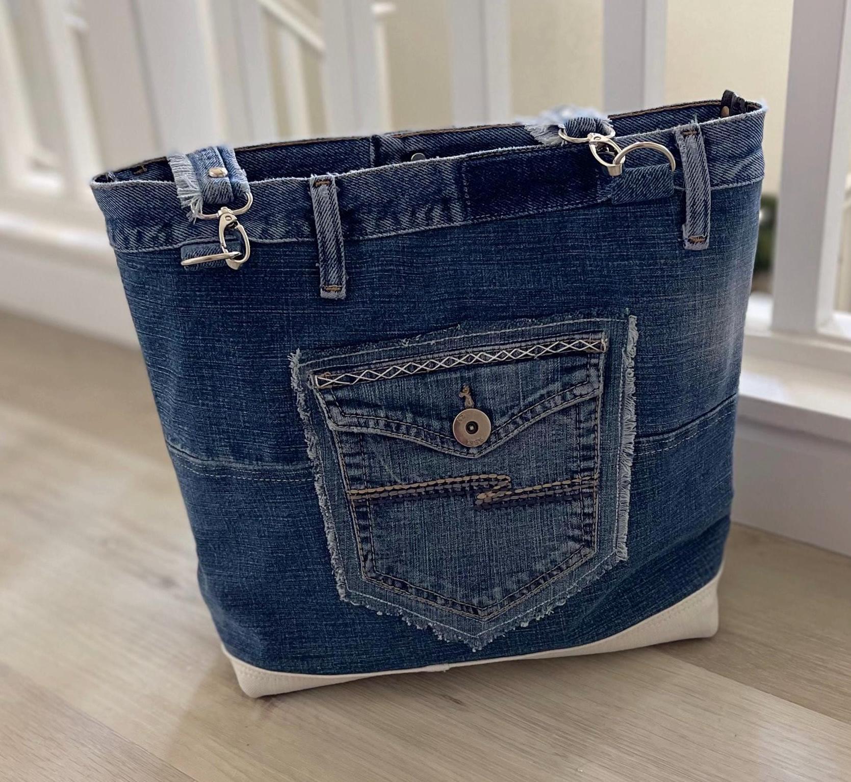 Denim Tote Hand embroidery patchwork shoulder bag-Sashiko inspired one of a kind