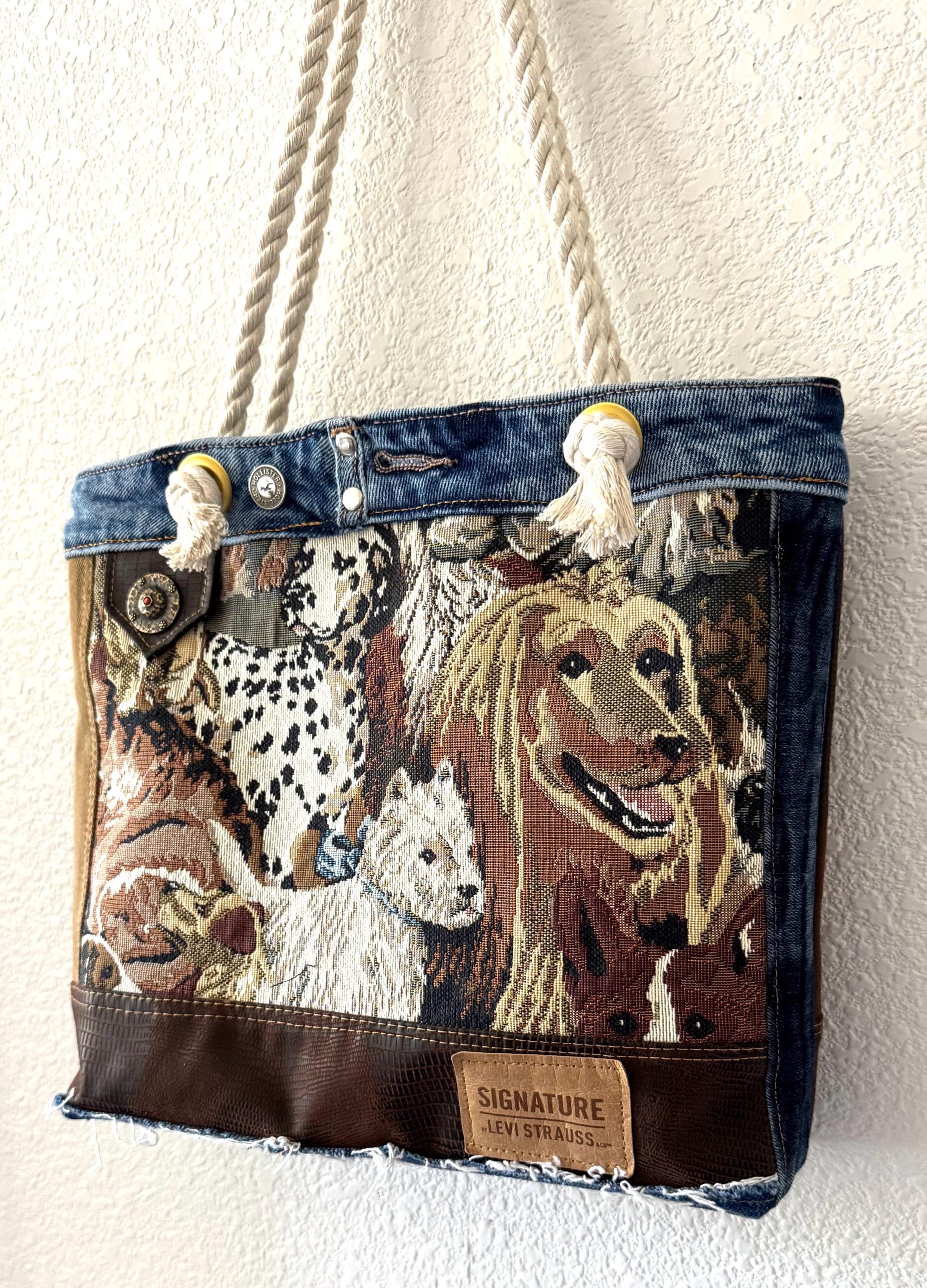 Dog Tapestry Tote Bag: Upcycled Denim & Rope Handles