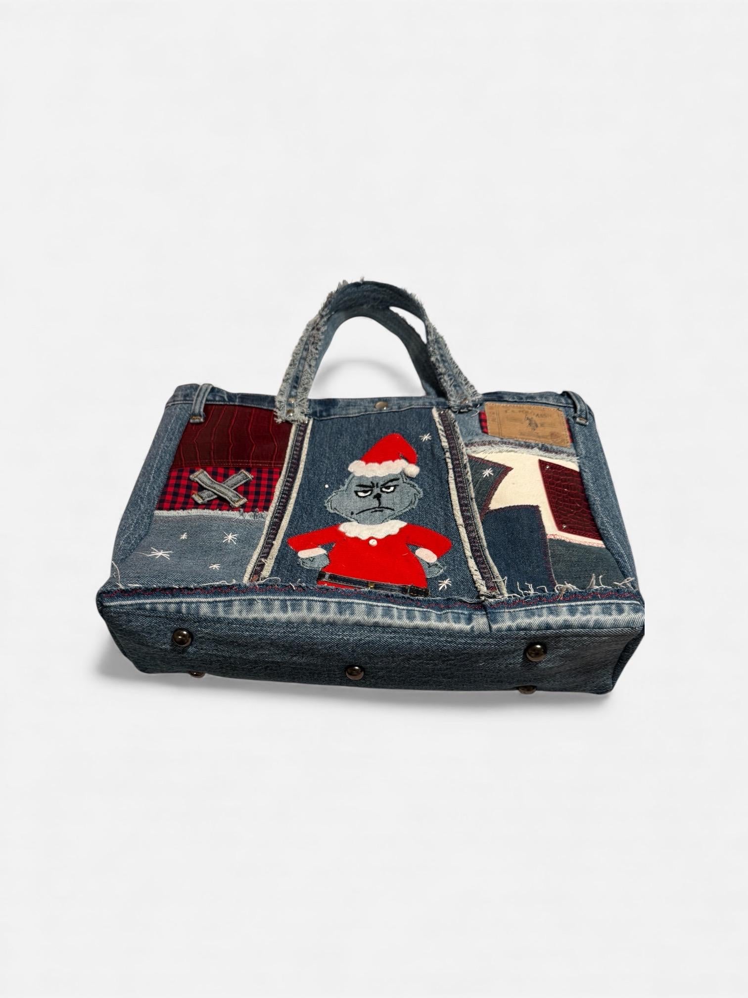 Grinch Christmas Patchwork upcycle Denim Tote Bag – Handmade – One of a Kind