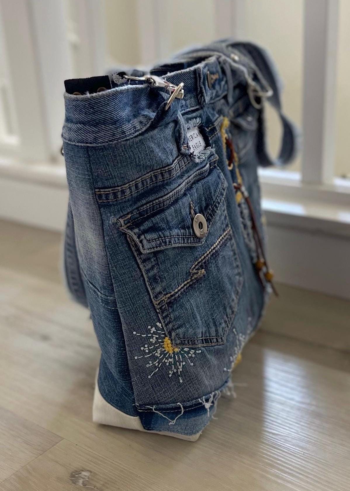 Denim Tote Hand embroidery patchwork shoulder bag-Sashiko inspired one of a kind