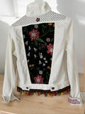One-of-a-Kind White Distressed Denim Jacket – Patchwork, Sashiko Stitching & Tassel Embellishments – Small Size