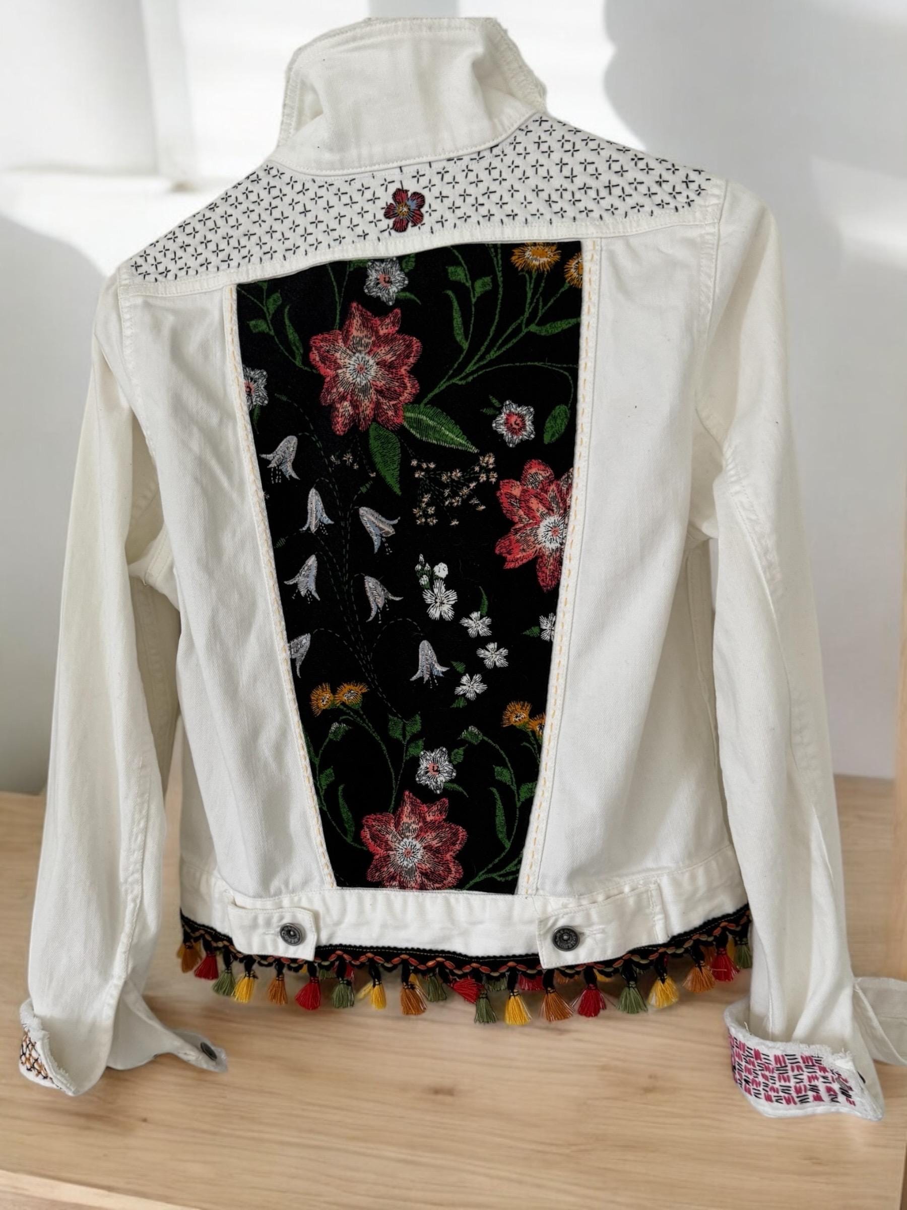 One-of-a-Kind White Distressed Denim Jacket – Patchwork, Sashiko Stitching & Tassel Embellishments – Small Size