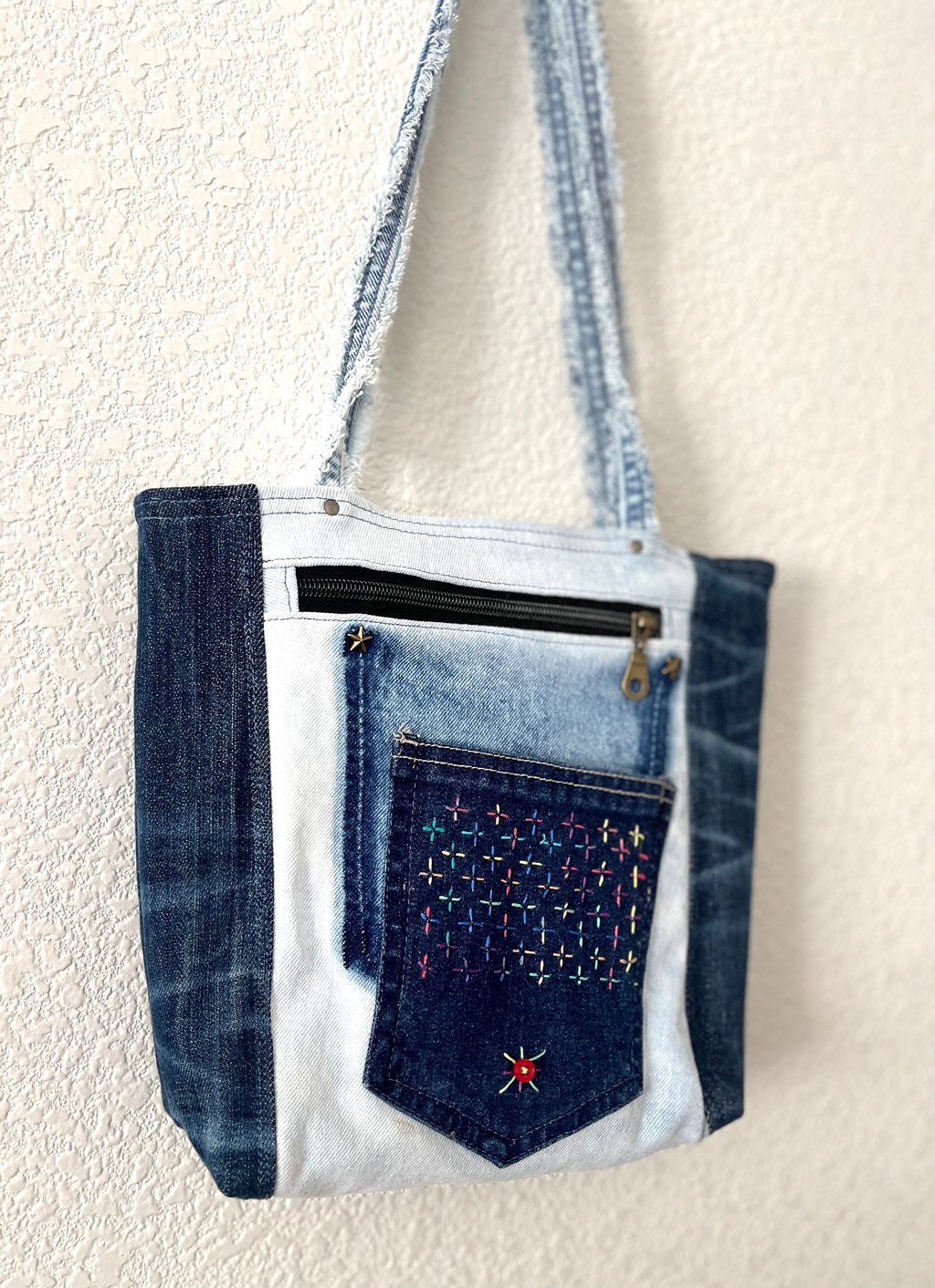 Denim Patchwork & Sachiko hand, embroidery,  Shoulder Bag - Upcycled Jeans