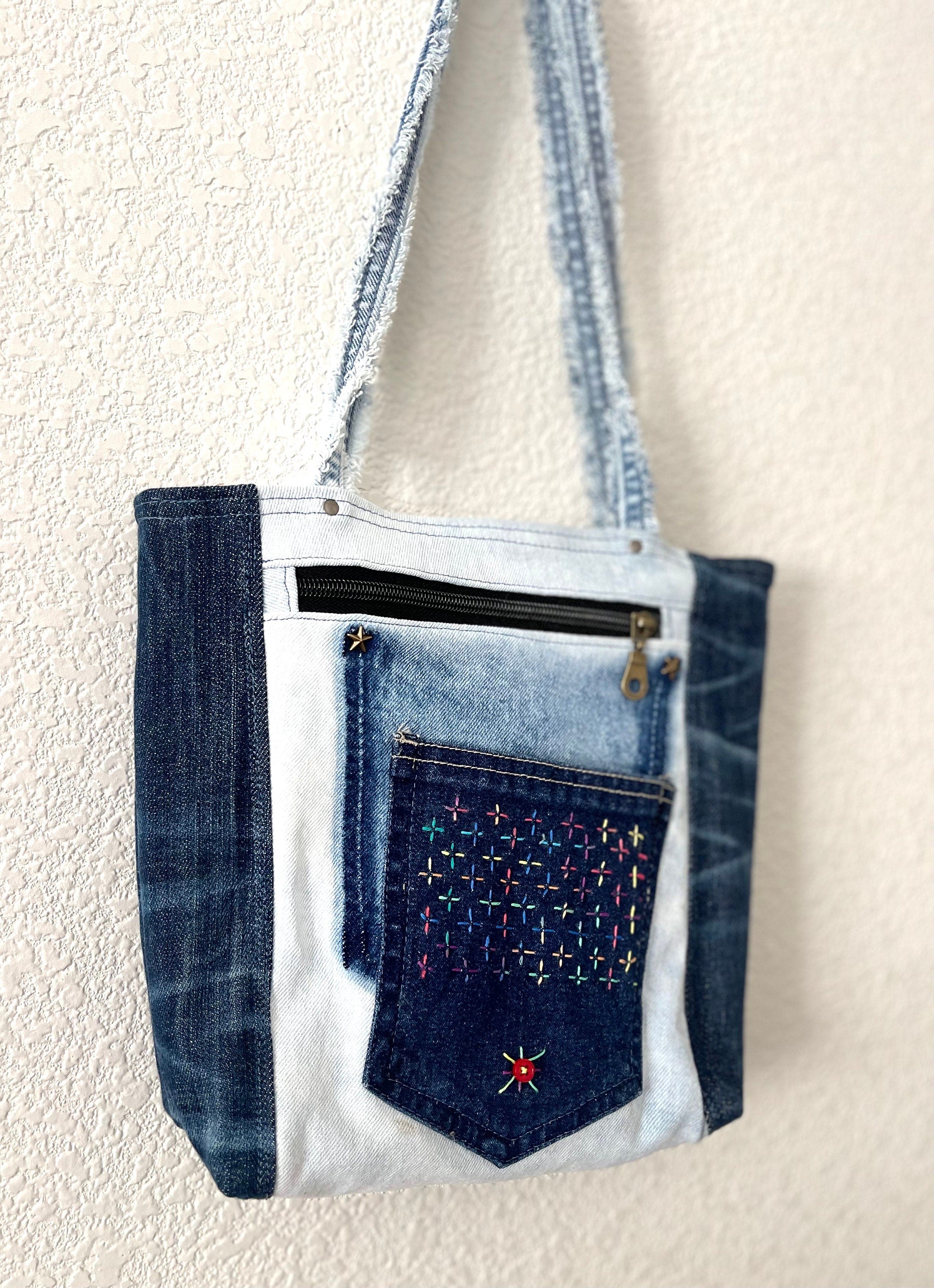 Denim Patchwork & Sachiko hand, embroidery,  Shoulder Bag - Upcycled Jeans