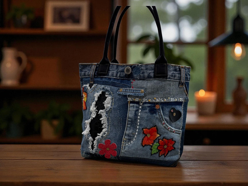 Distressed Denim Tote Bag with Hand & Machine Embroidery-Upcycled-One-of-a-Kind