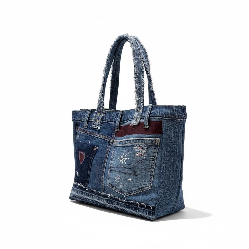 Grinch Christmas Patchwork upcycle Denim Tote Bag – Handmade – One of a Kind