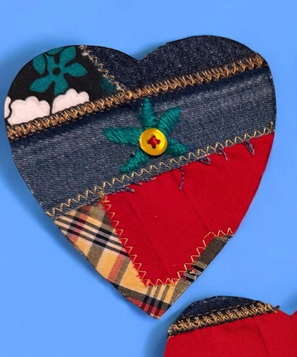 Handmade Upcycled Denim Heart Patch: Sew-On Applique with Leather & Cotton