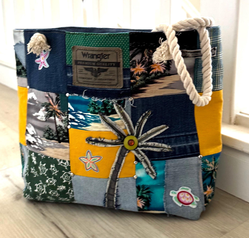 Tropical Patchwork Denim Tote Bag – Upcycled Beach Bag with Rope Handles