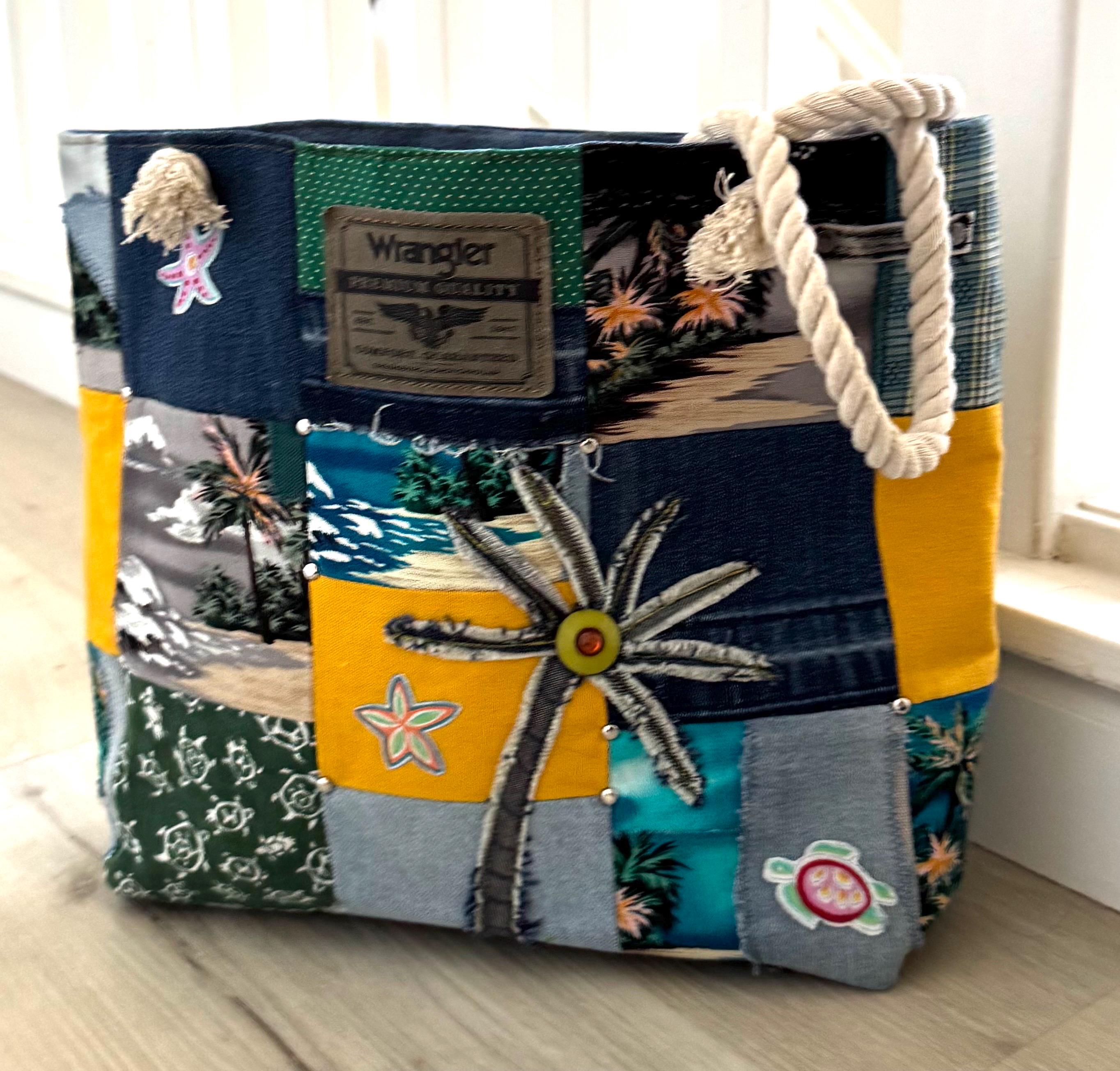 Tropical Patchwork Denim Tote Bag – Upcycled Beach Bag with Rope Handles