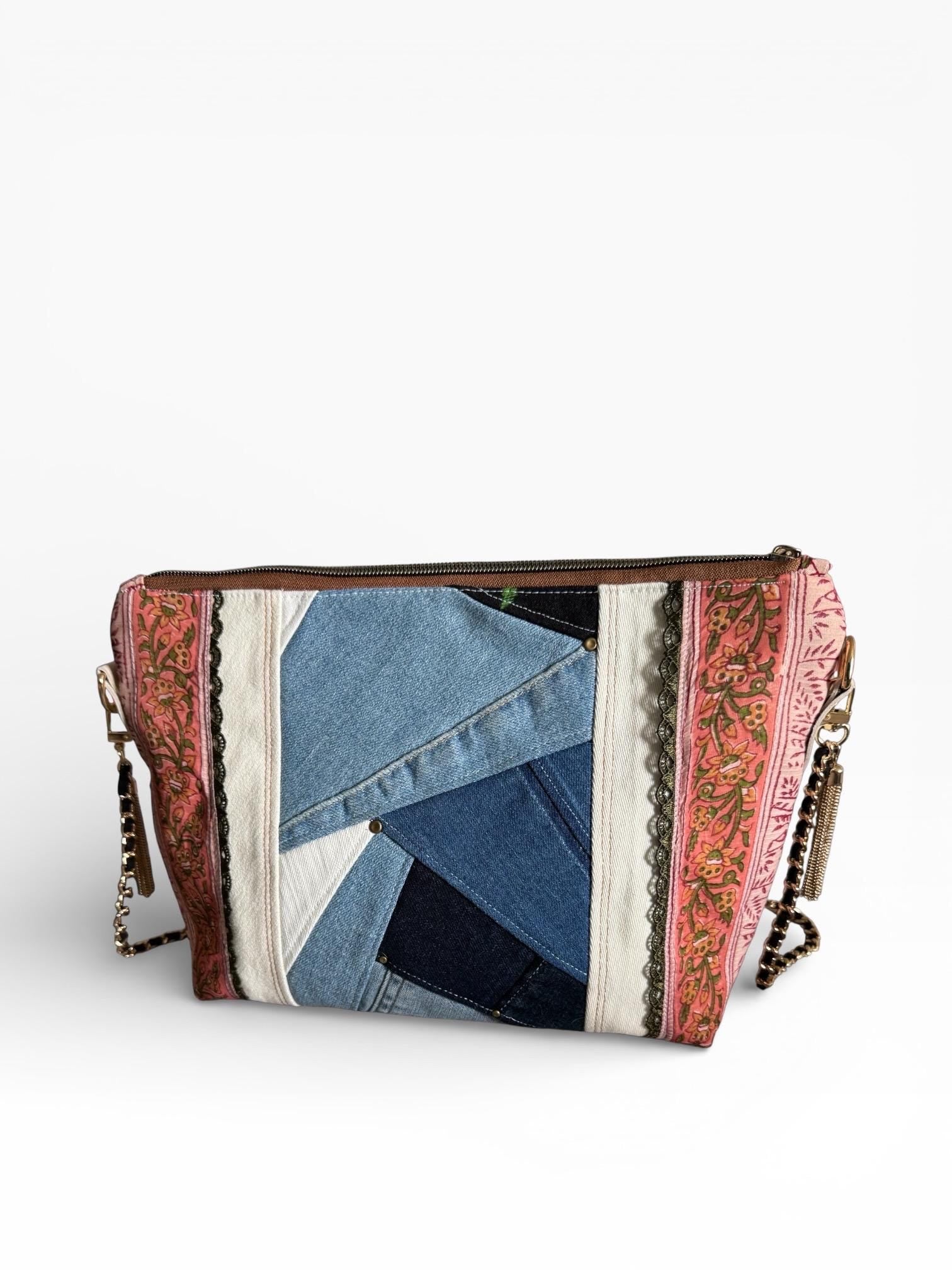 Boho Patchwork Crossbody Bag | Denim and Floral | Chain & Leather Strap
