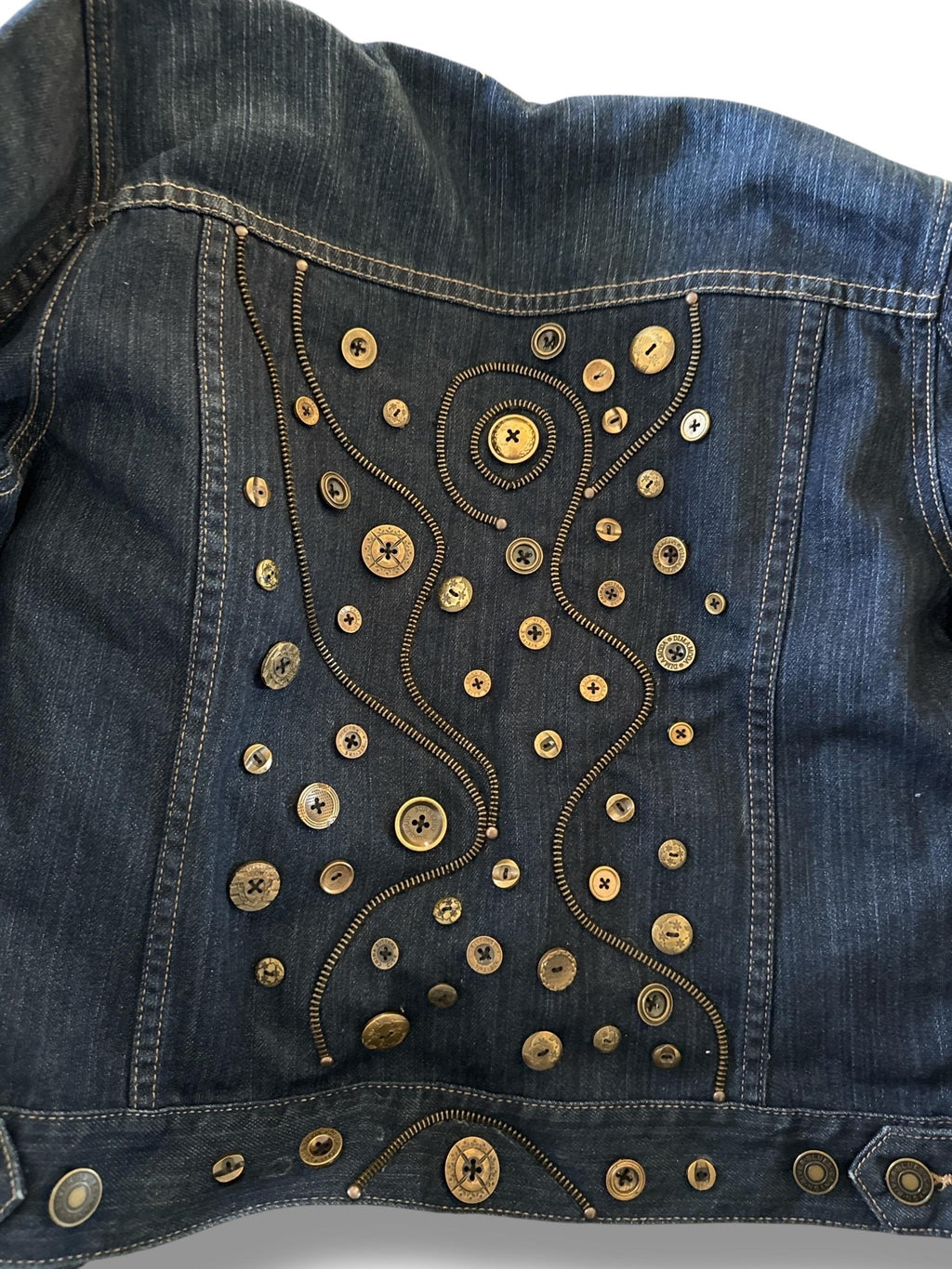 Upcycled Denim Jacket – One-of-a-Kind Wearable Art with Button & Zipper Design | Size Large
