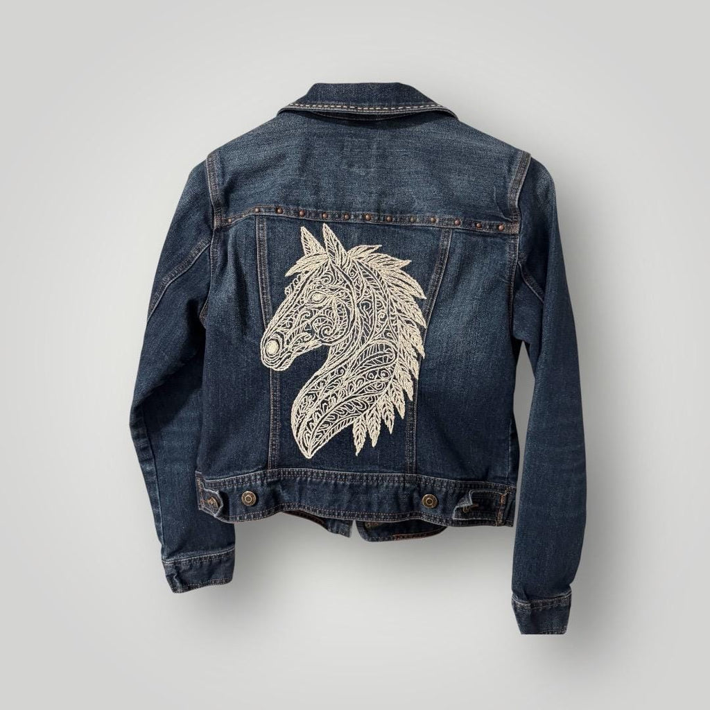 Hand Embroidered Horse Denim Jacket: Upcycled Boho Western Wear