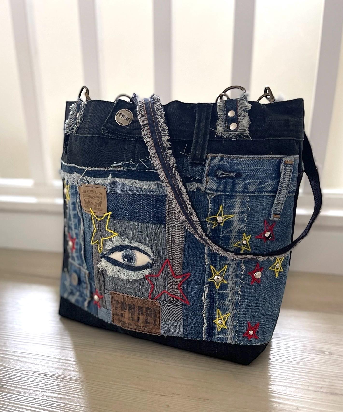 Denim patchwork shoulder bag-tote bag upcycled jeans boho bag