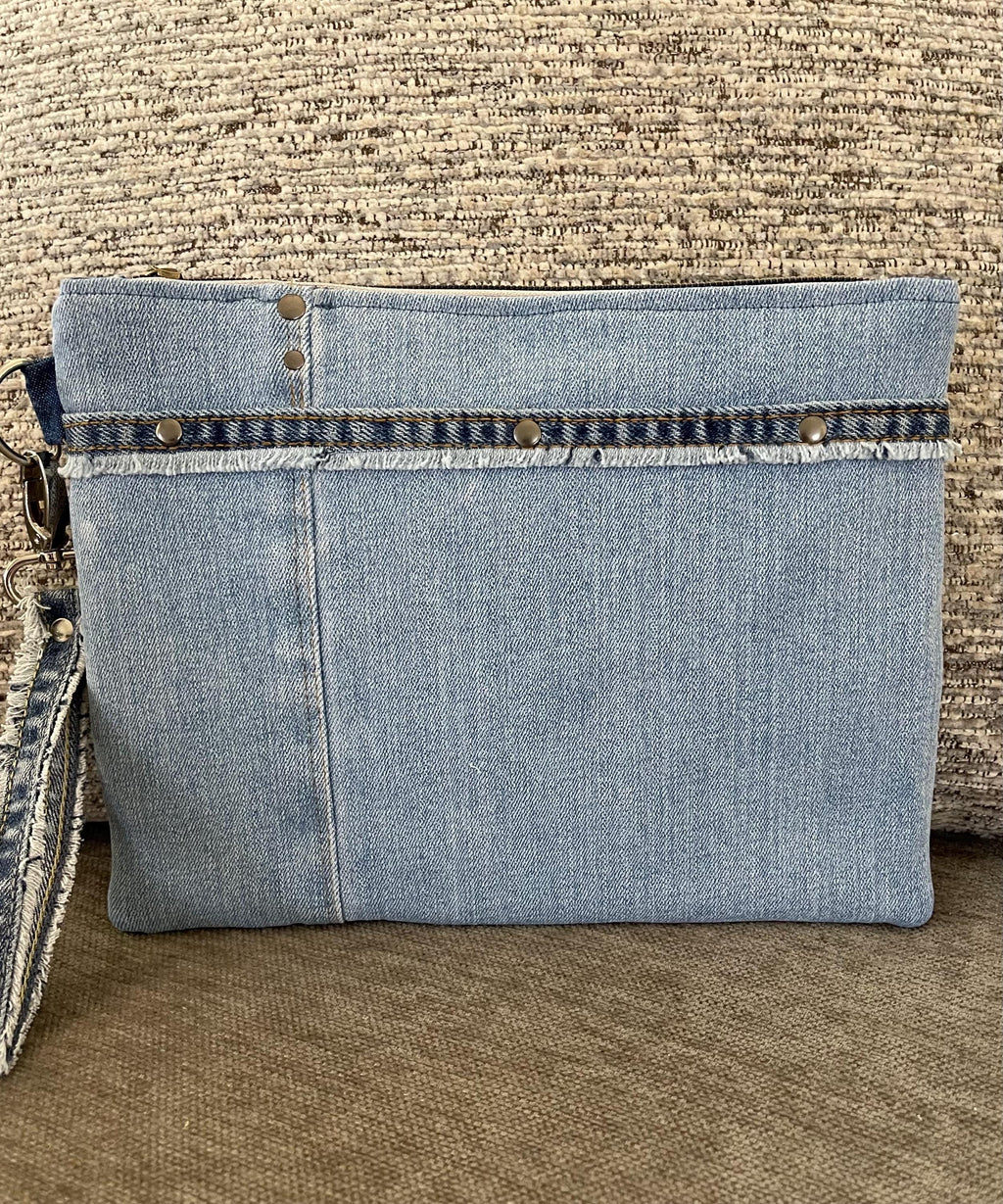 Unique bohemian handbag One-of-a-Kind Denim Patchwork Clutch with removable Wrist Handle