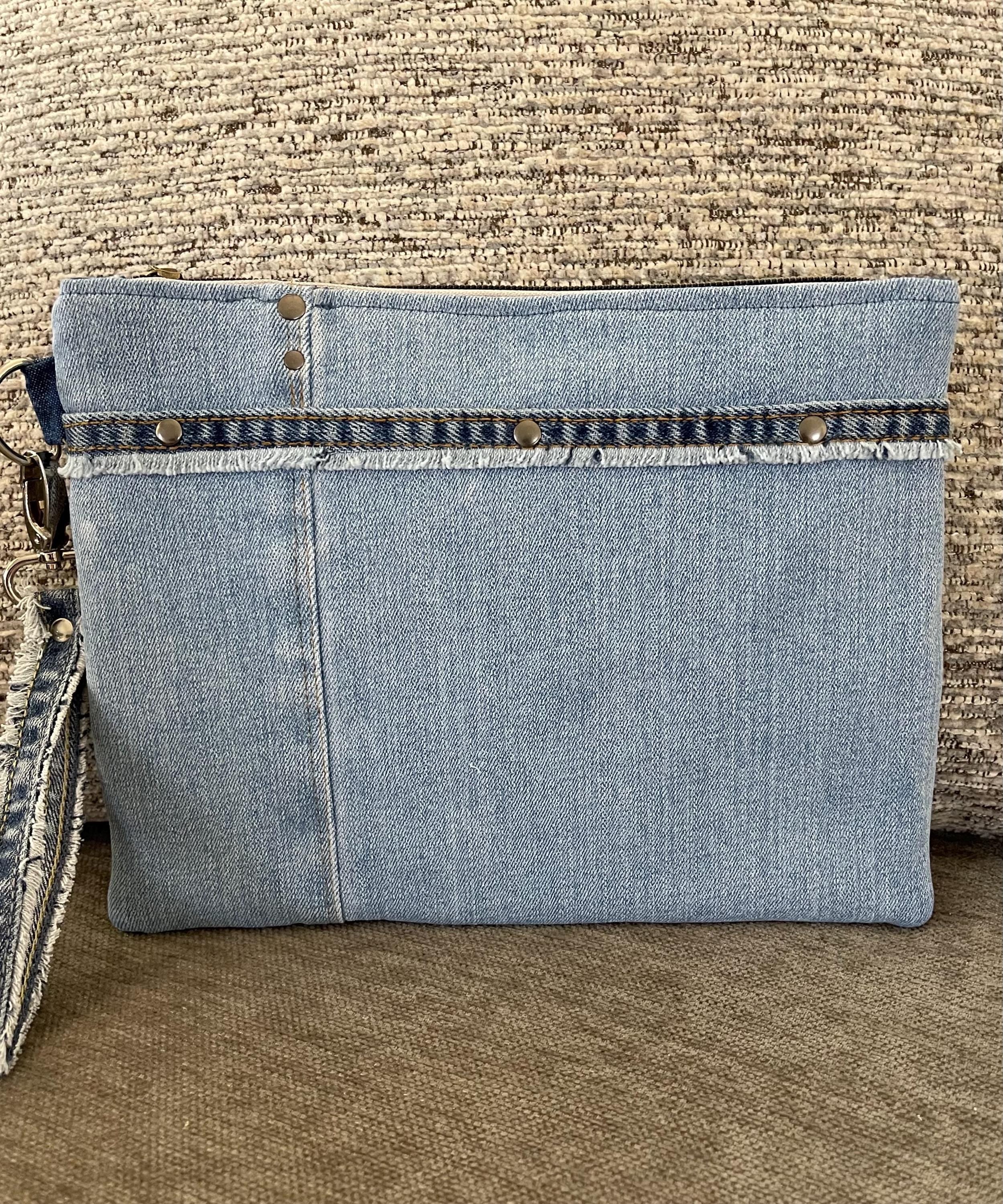 Unique bohemian handbag One-of-a-Kind Denim Patchwork Clutch with removable Wrist Handle