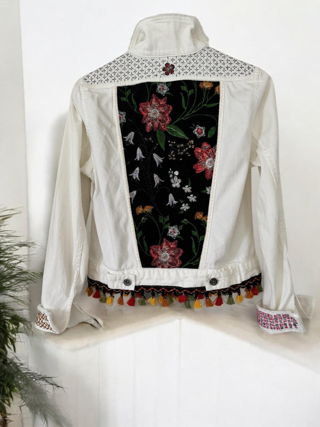 One-of-a-Kind White Distressed Denim Jacket – Patchwork, Sashiko Stitching & Tassel Embellishments – Small Size