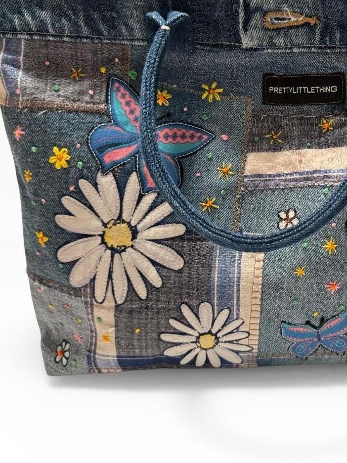 Patchwork Denim Butterfly Tote Bag – Upcycled Jeans Handbag, Floral Applique Purse