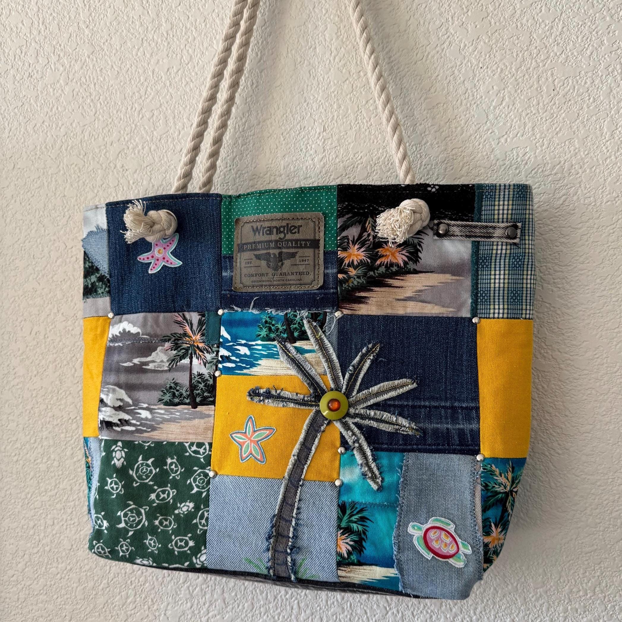 Tropical Patchwork Denim Tote Bag – Upcycled Beach Bag with Rope Handles