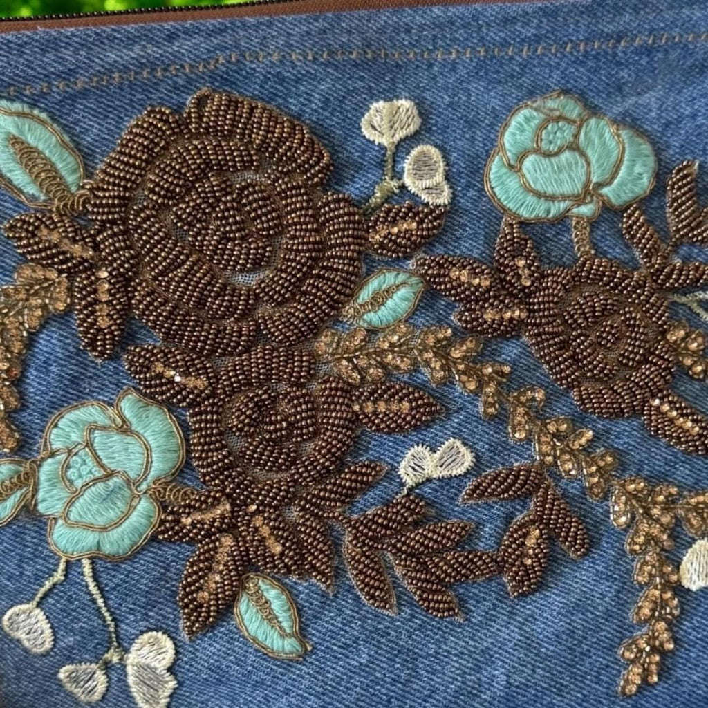 Embroidered Denim Crossbody Bag: Floral Beaded Appliqué, Gold Chain