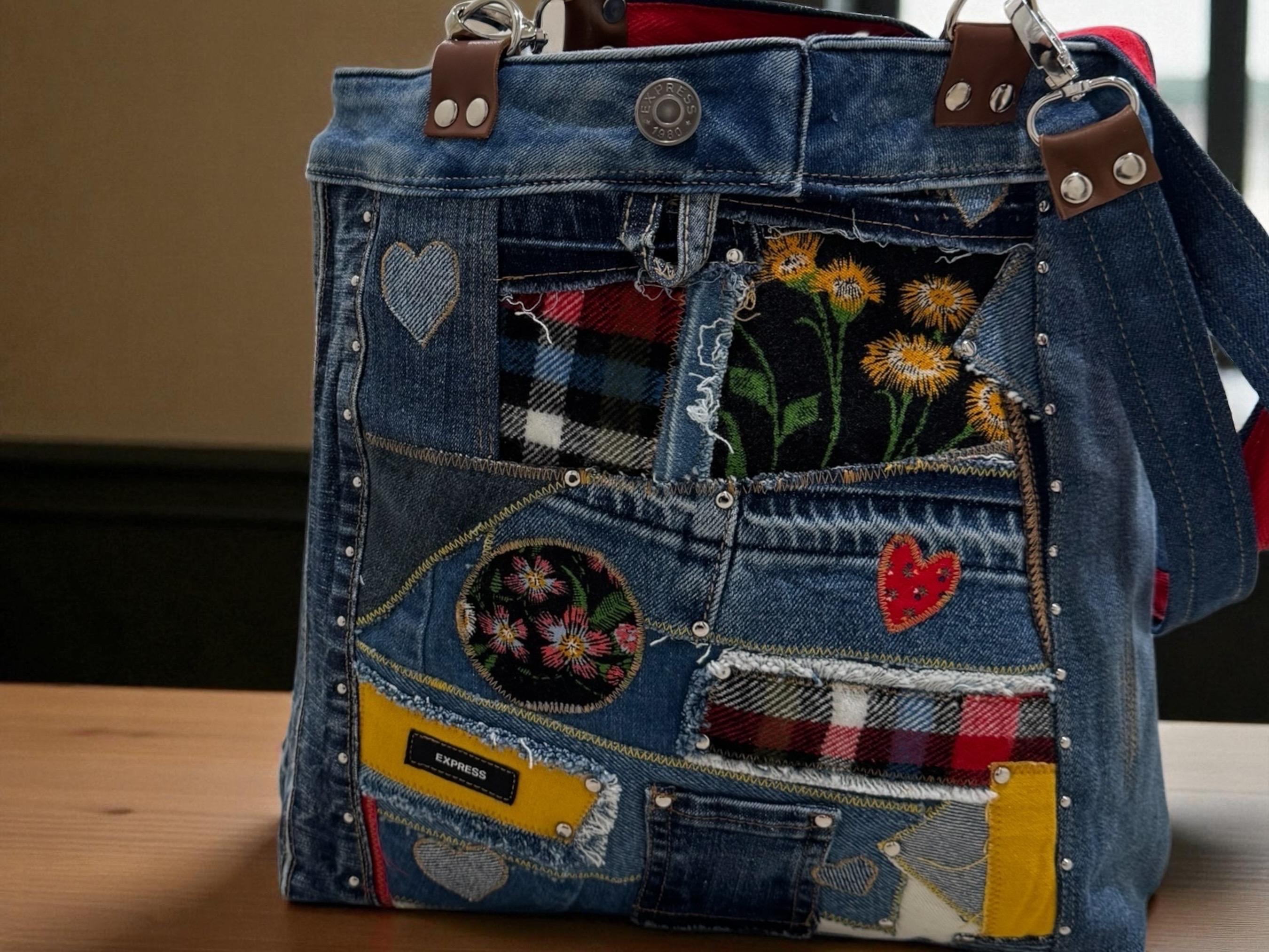 Boho Patchwork Denim Tote Bag-Handmade Upcycled Cotton Jean Purse & Embroidery