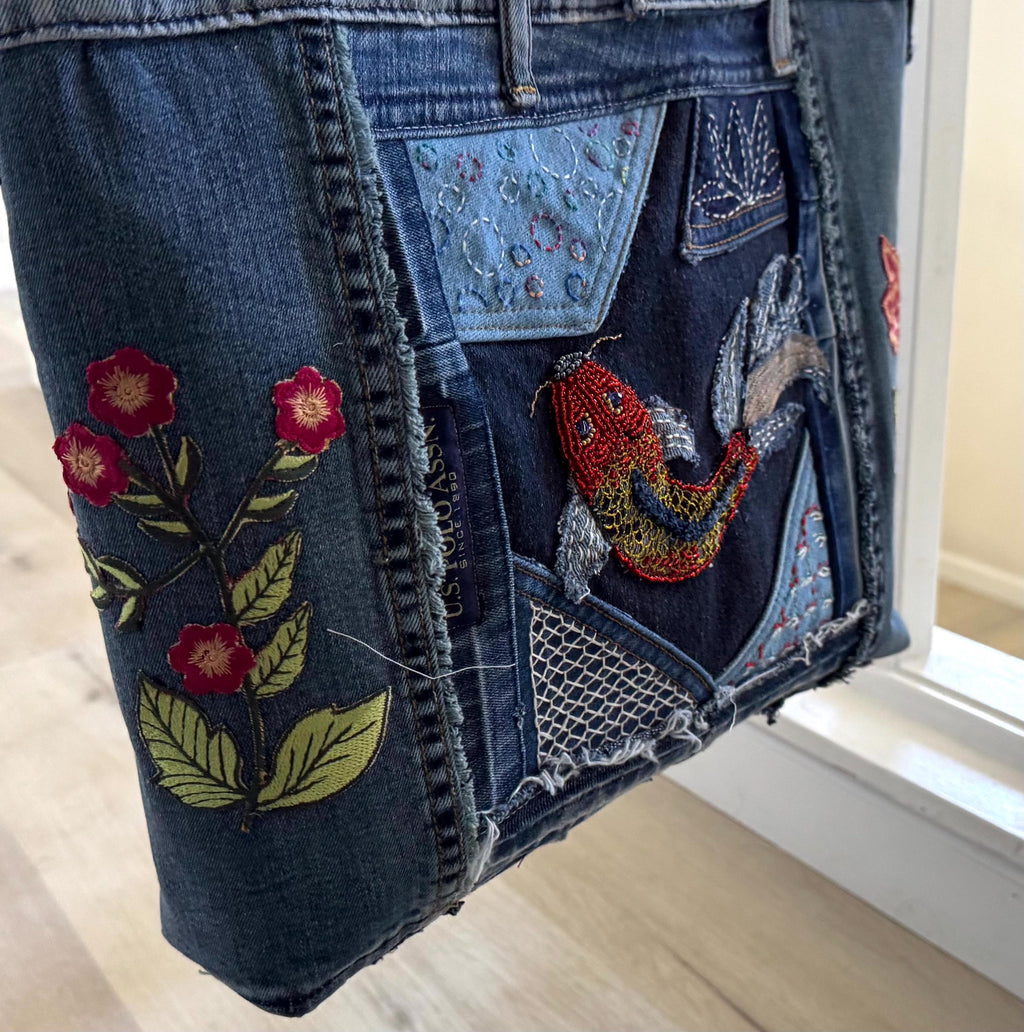 Upcycled Denim Tote Bag: Handmade Beaded Koi Fish Shoulder Bag