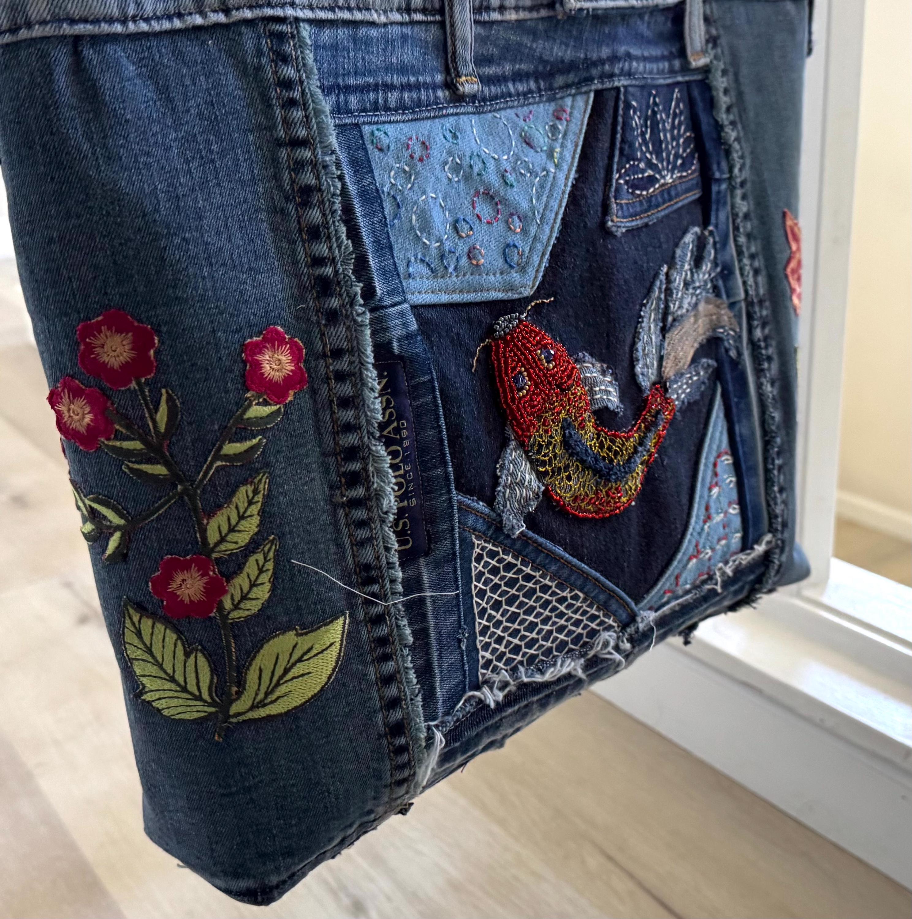 Upcycled Denim Tote Bag: Handmade Beaded Koi Fish Shoulder Bag