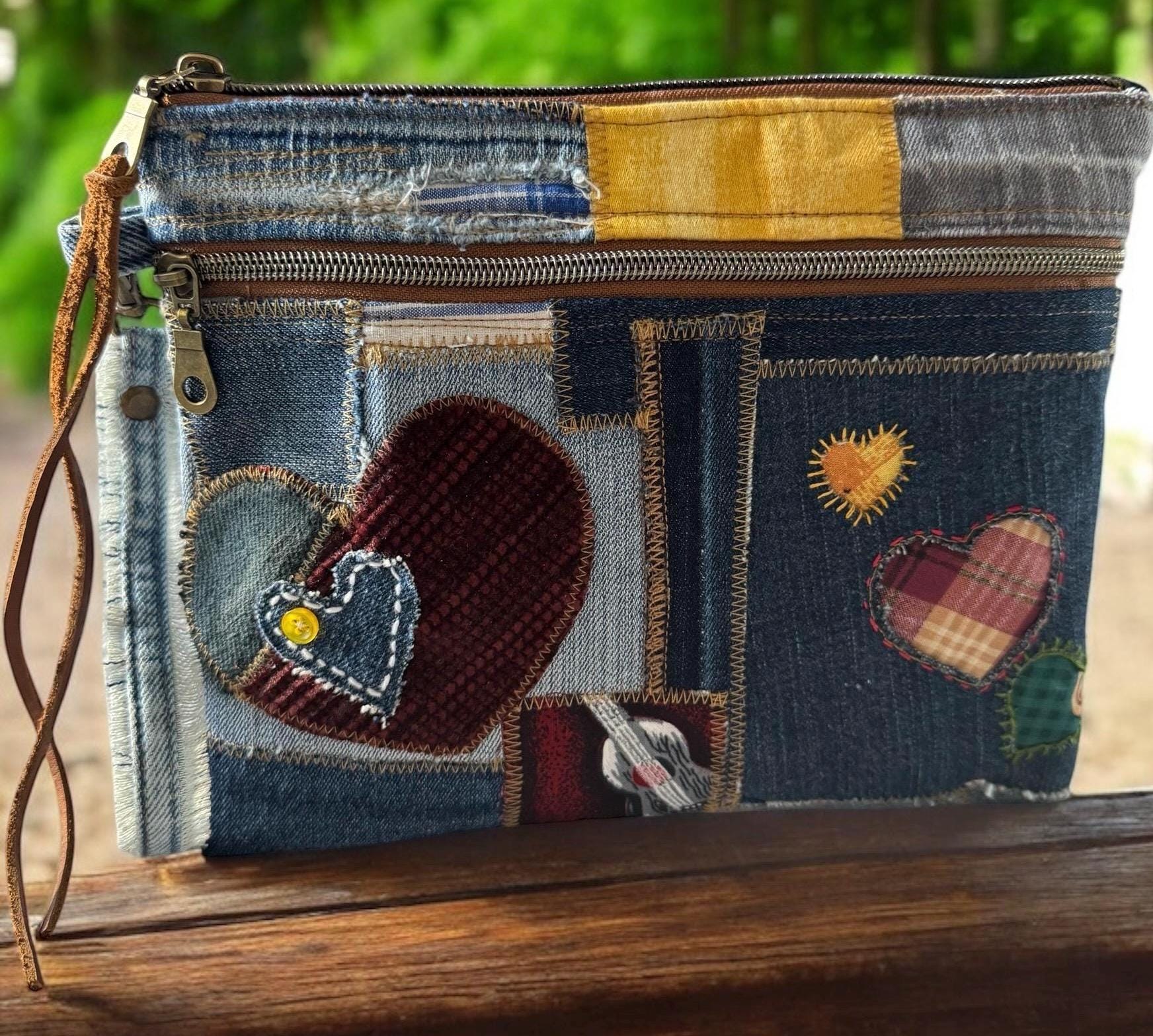 Handmade Denim Crossbody Clutch: Upcycled Patchwork Bag with Heart Appliqués