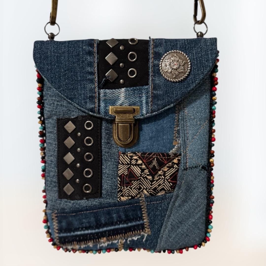 Upcycled Denim Crossbody Bag – Patchwork Design with Beaded Trim