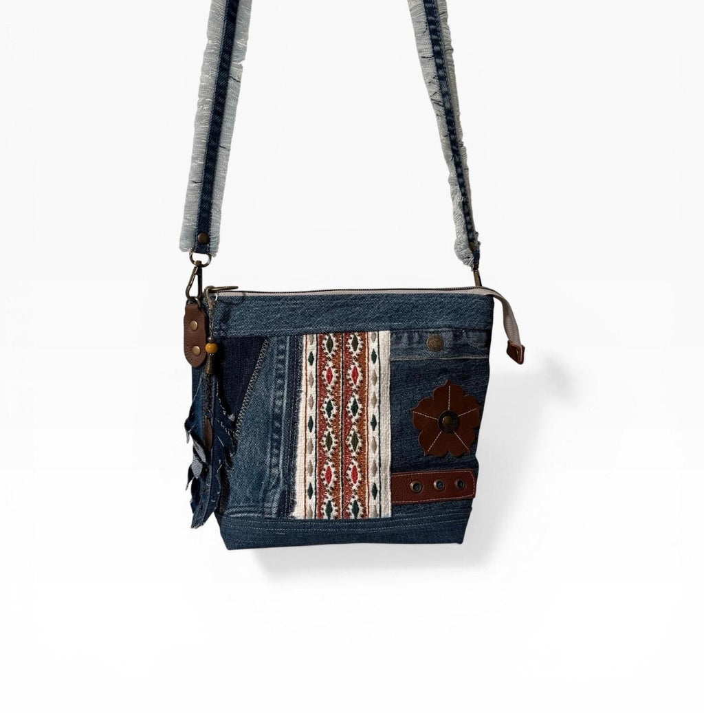 Upcycled Denim Crossbody Bag | Patchwork Boho Western Purse with Leather Flower