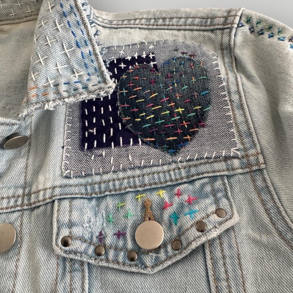 One-of-a-Kind Sashiko Boro Denim Jacket with Butterfly Appliqué | Hand-Embroidered, Upcycled, Japanese Threads