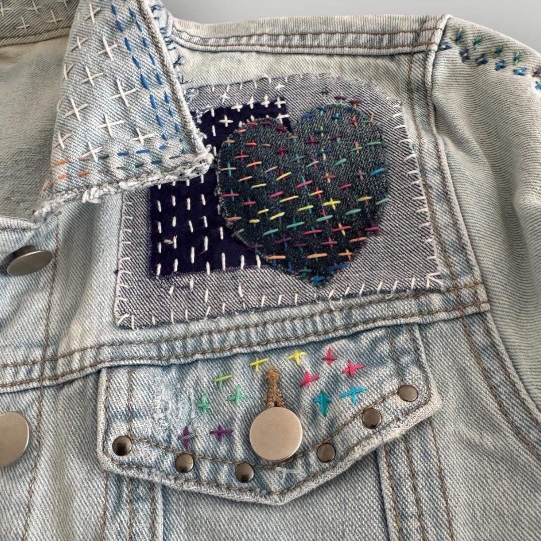 One-of-a-Kind Sashiko Boro Denim Jacket with Butterfly Appliqué | Hand-Embroidered, Upcycled, Japanese Threads