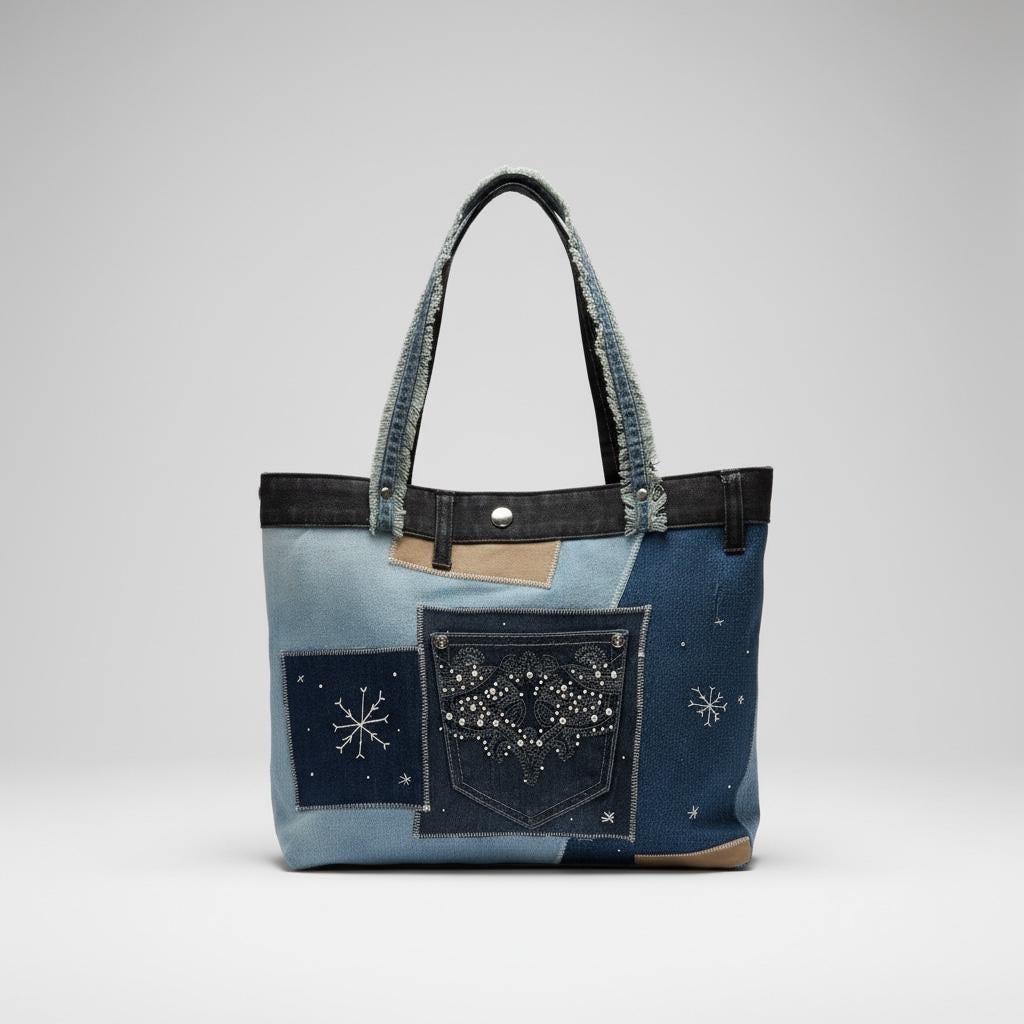 Handmade Upcycled Denim Tote – Snowman Patchwork Winter Bag