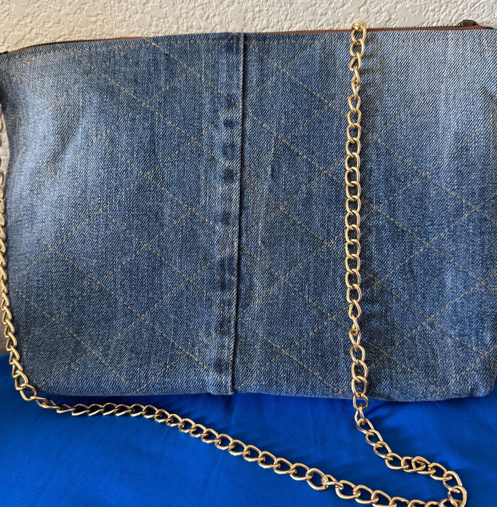 Embroidered Denim Crossbody Bag: Floral Beaded Appliqué, Gold Chain