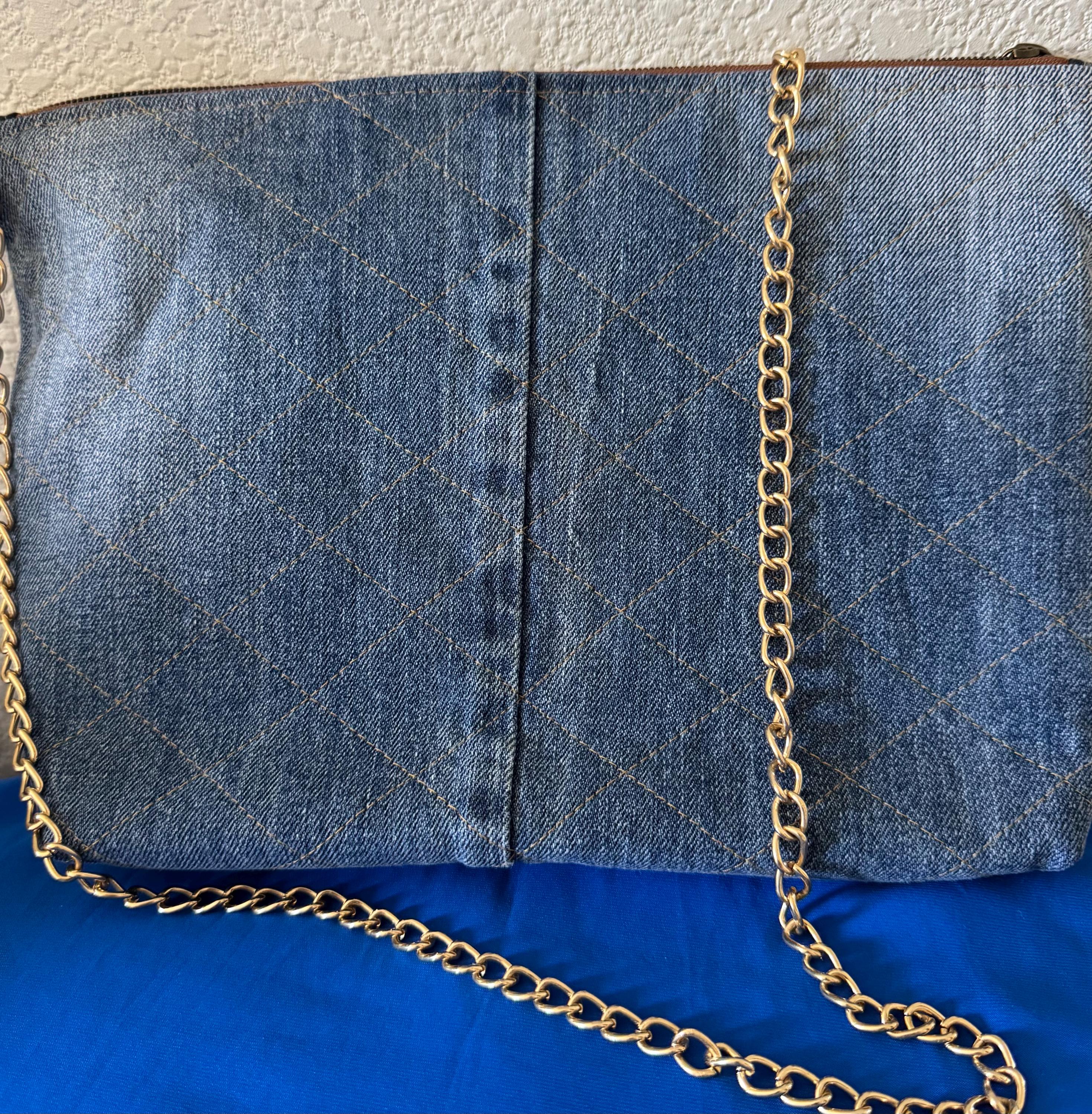 Embroidered Denim Crossbody Bag: Floral Beaded Appliqué, Gold Chain
