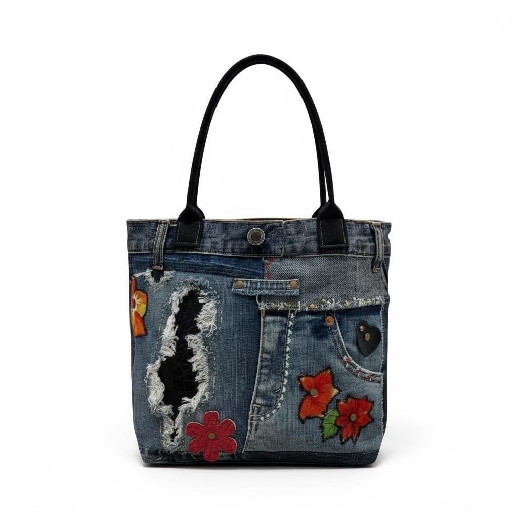 Distressed Denim Tote Bag with Hand & Machine Embroidery-Upcycled-One-of-a-Kind