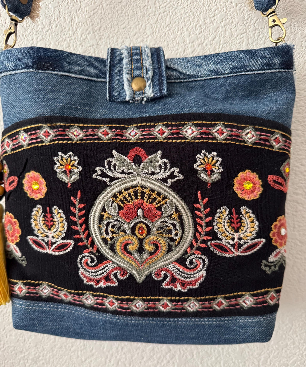 Denim Crossbody Bag with Intricate Embroidered Design | Handmade Shoulder Bag | Boho Folk Style | One-of-a-Kind
