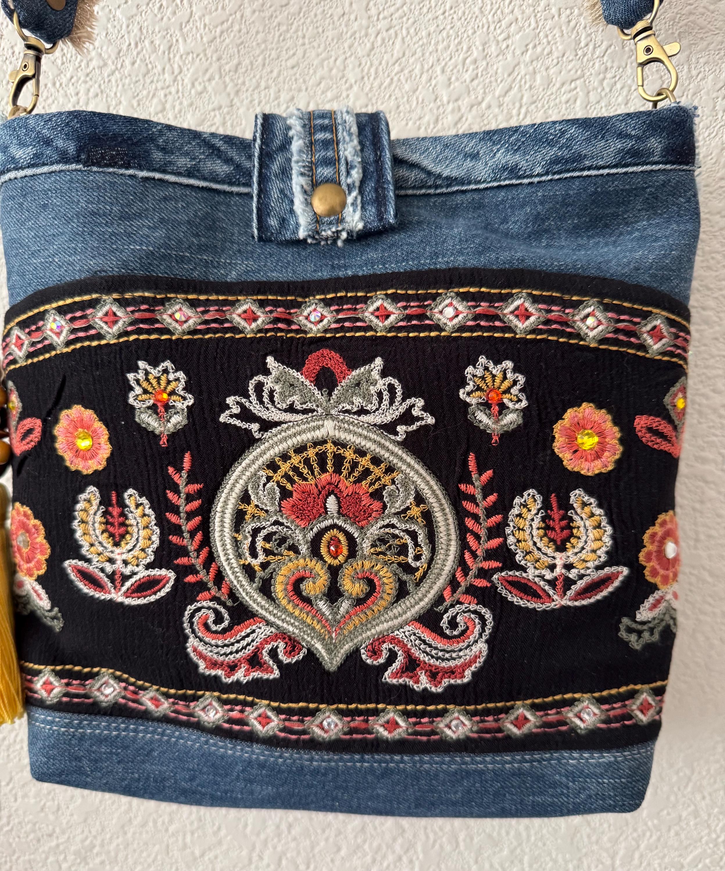 Denim Crossbody Bag with Intricate Embroidered Design | Handmade Shoulder Bag | Boho Folk Style | One-of-a-Kind