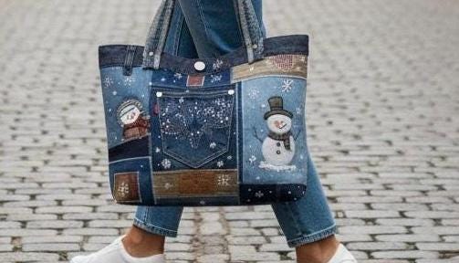 Handmade Upcycled Denim Tote – Snowman Patchwork Winter Bag