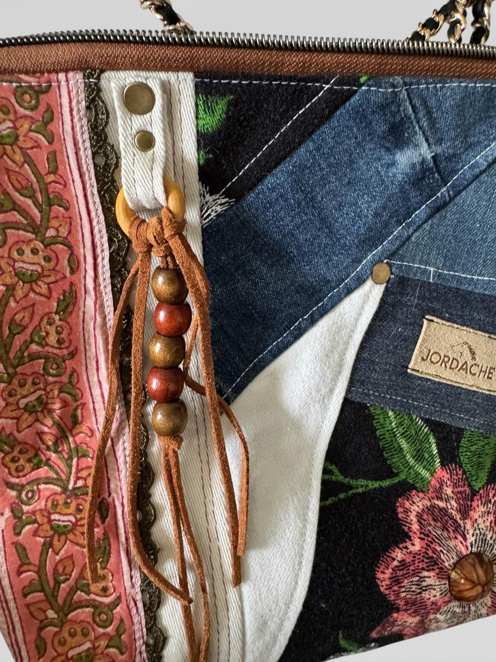Boho Patchwork Crossbody Bag | Denim and Floral | Chain & Leather Strap