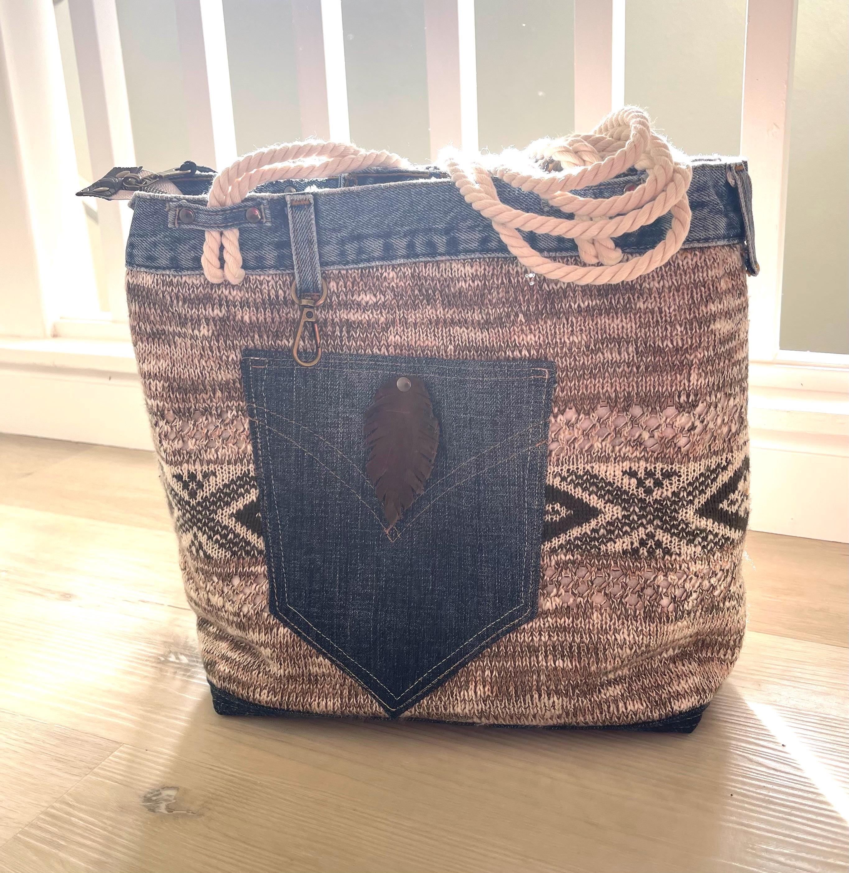 Denim & Textured Knit Upcycled Shoulder Bag | Eco-Friendly, Handmade, One-of-a-Kind Tote bag