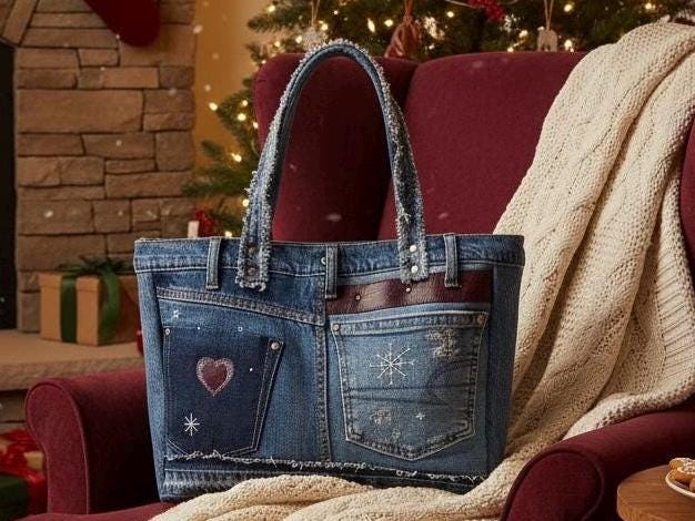Grinch Christmas Patchwork upcycle Denim Tote Bag – Handmade – One of a Kind