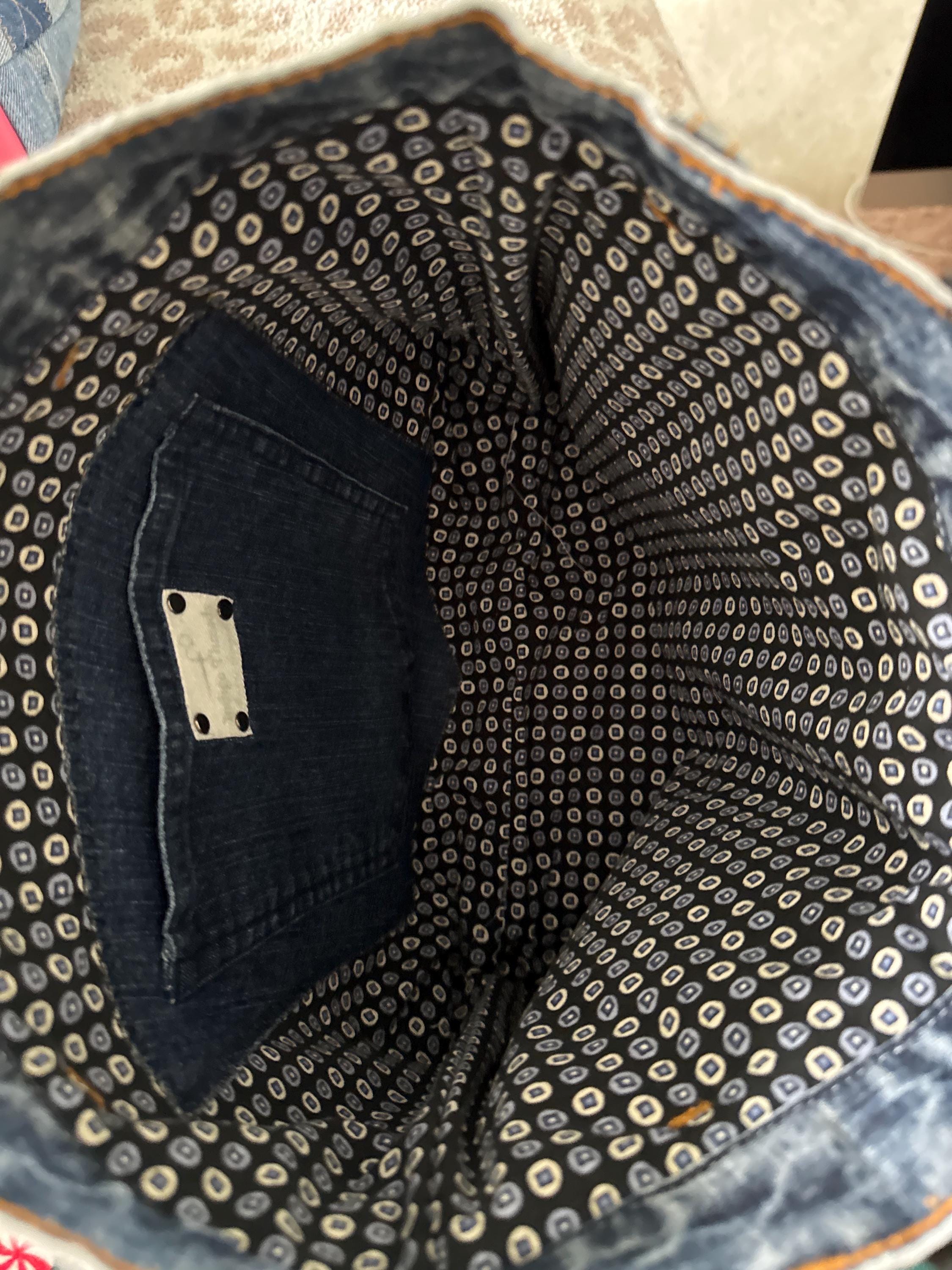 Distressed Denim Tote Bag with Hand & Machine Embroidery-Upcycled-One-of-a-Kind