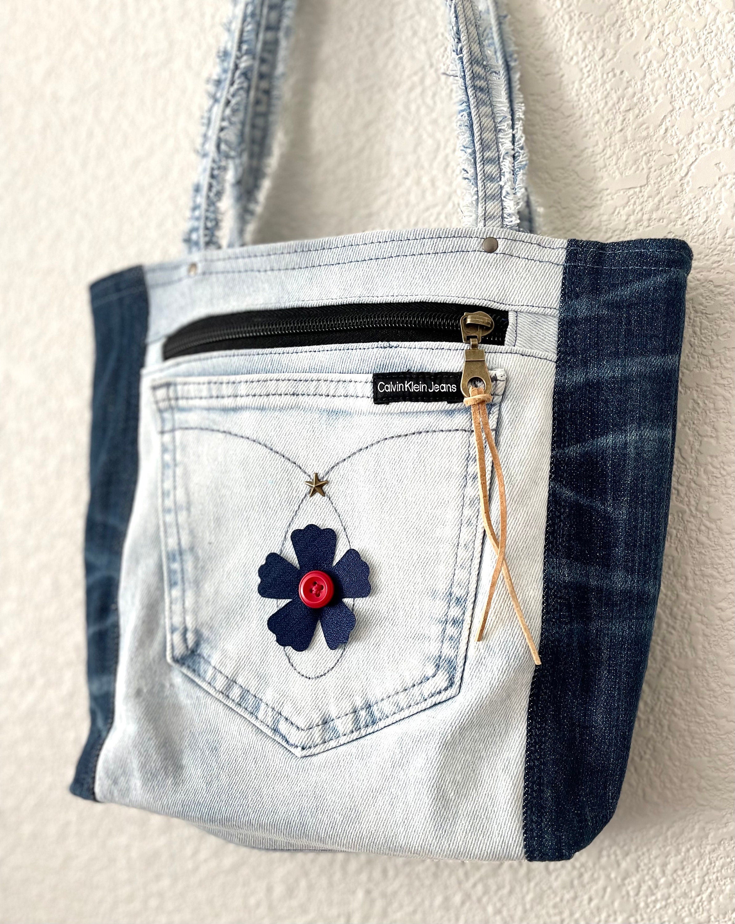 Denim Patchwork & Sachiko hand, embroidery,  Shoulder Bag - Upcycled Jeans